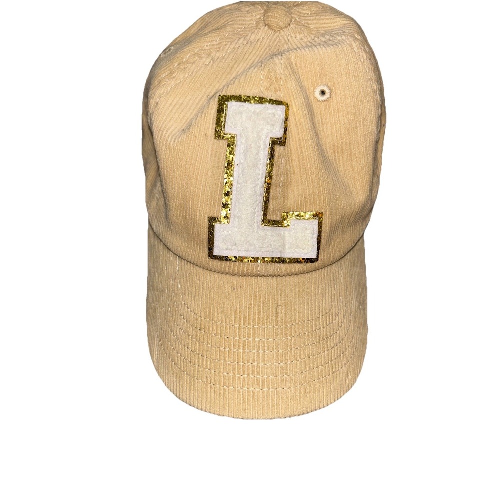Vintage Newhattan Corduroy Hat Tan "L" Patch Adjustable Strap Bling Retro dazzle